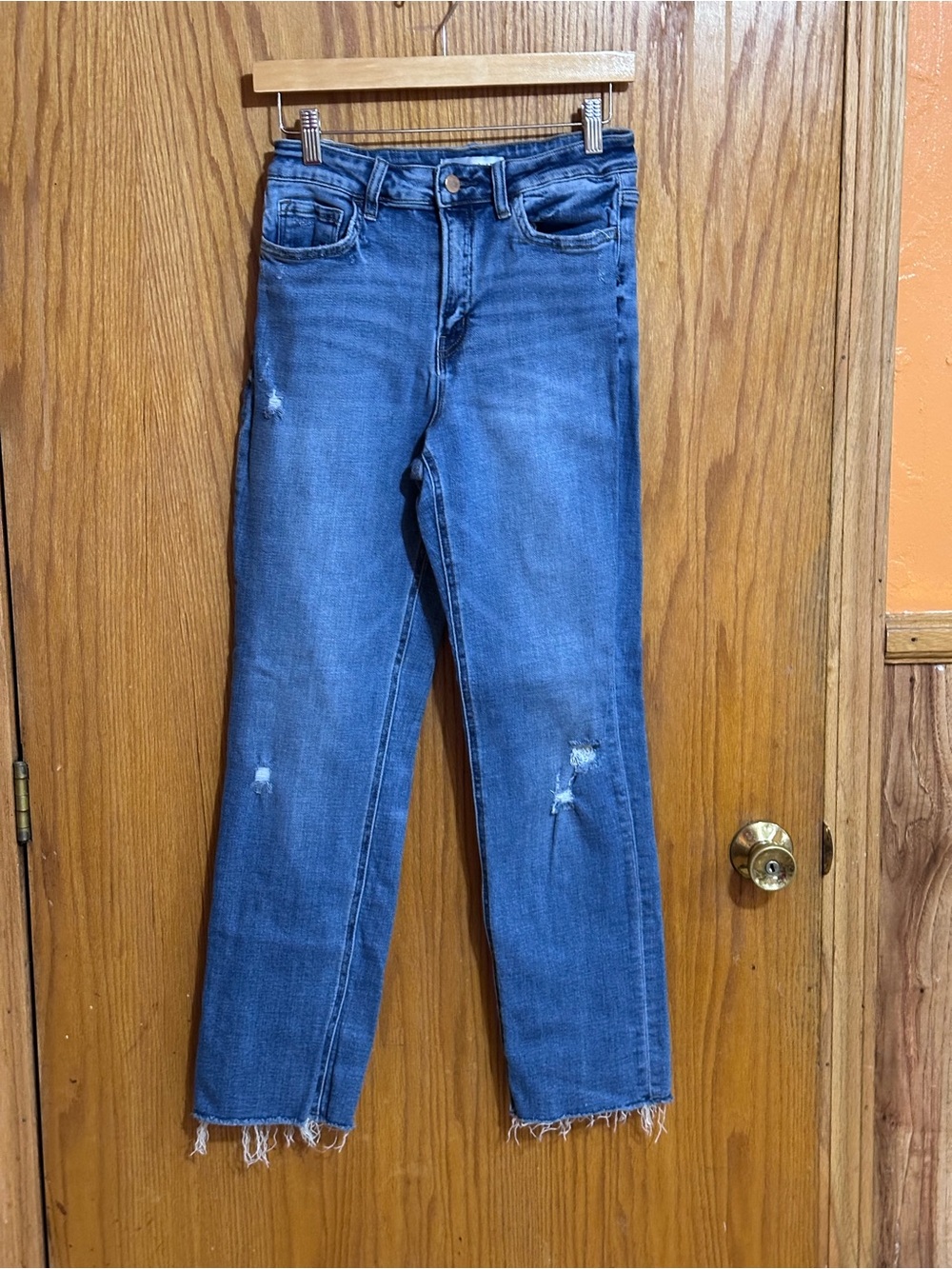 Flying Monkey Medium Blue Distressed Straight Leg Jeans womens sz 28 raw hem